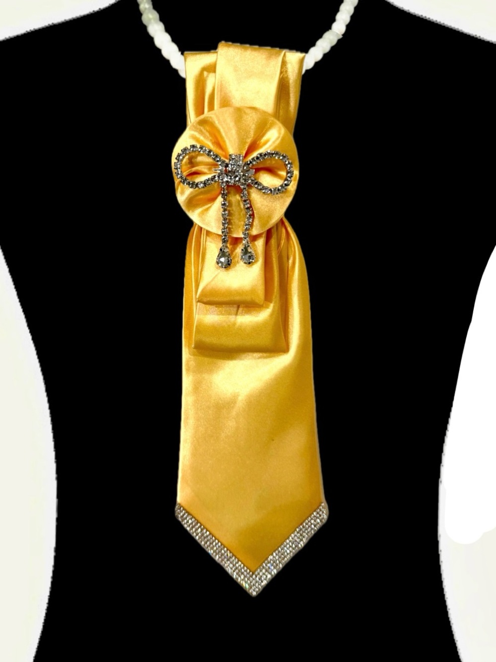 TIE NECKLACE Yellow Satin with Rhinestone Bow Brooch
